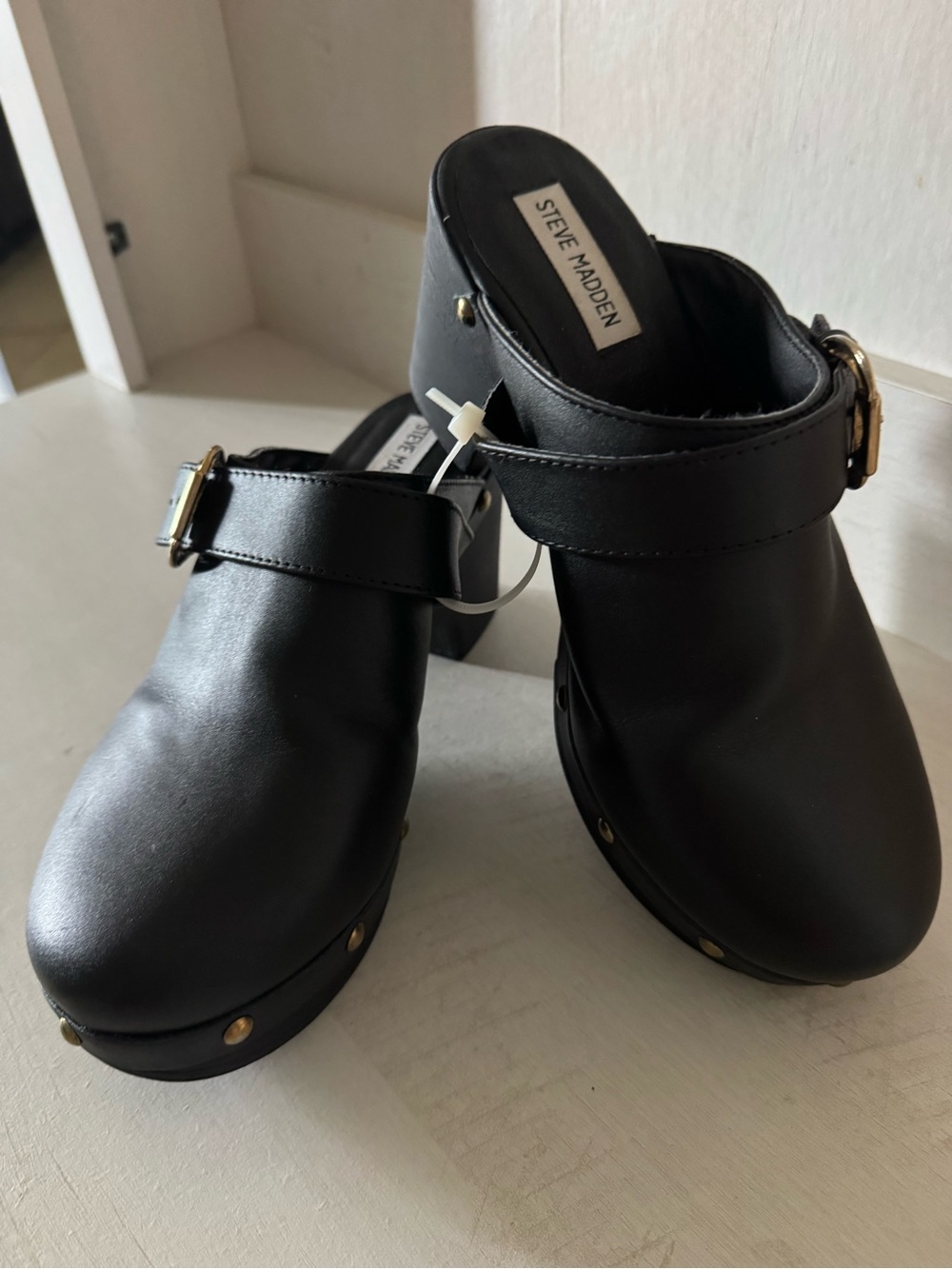 Steve Madden Black Leather Buckle Clog Mules